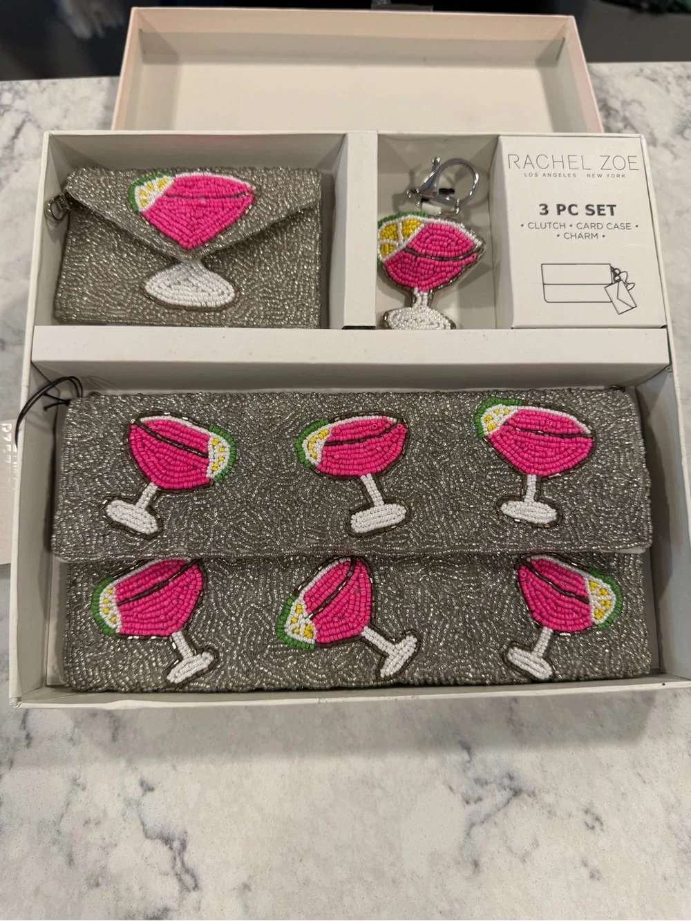 Rachel Zoe Silver Beaded Clutch, Card Case & Charm with Pink Cocktail Motif